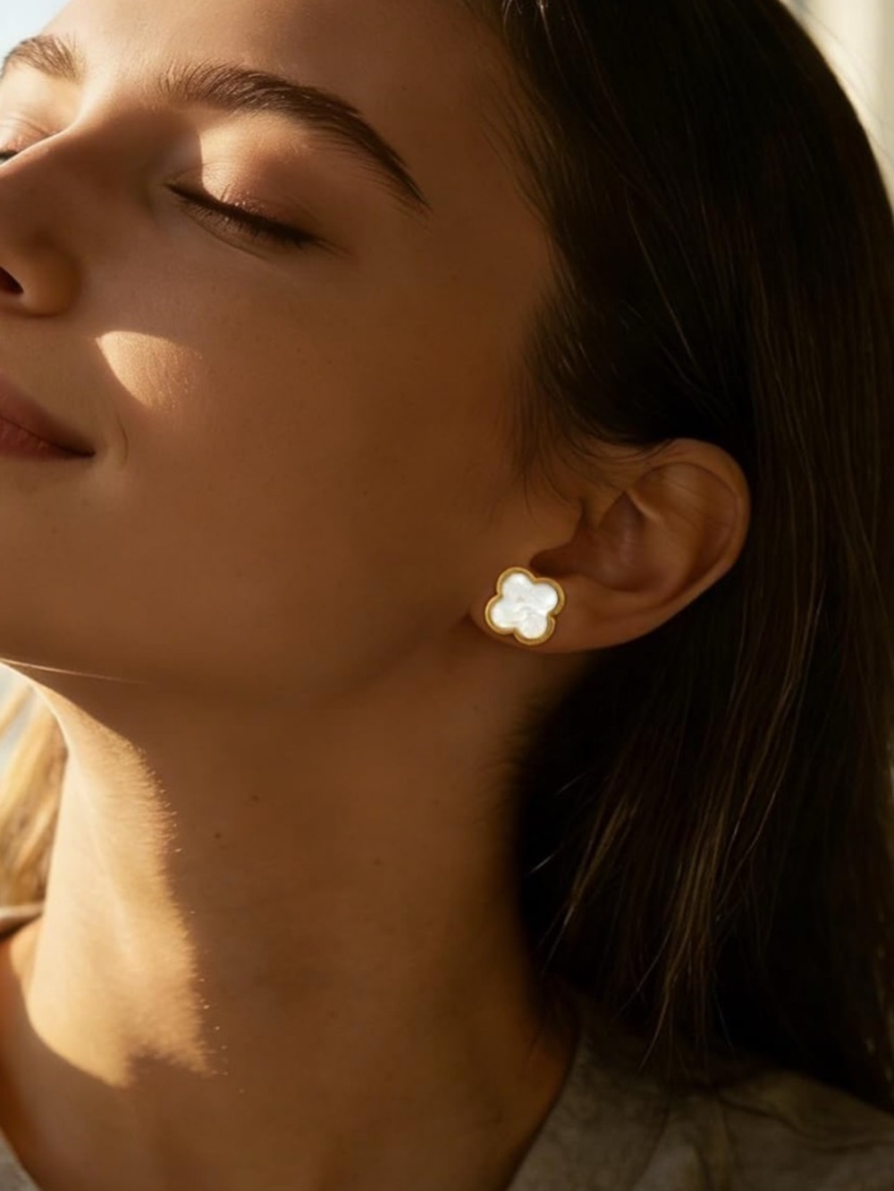 Gold and White Pearl Clover Stud Earrings New